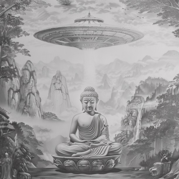 Buddha sits under a UFO contacting aliens telepathically.