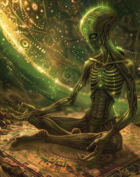 An alien sits meditating and communicating with its mind via telepathy. 