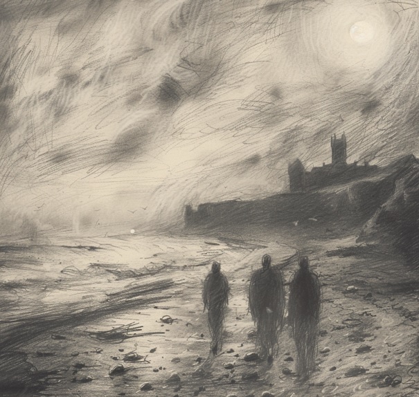 Ghostly figures walking along the shore of Church Cove, Cornwall at night.